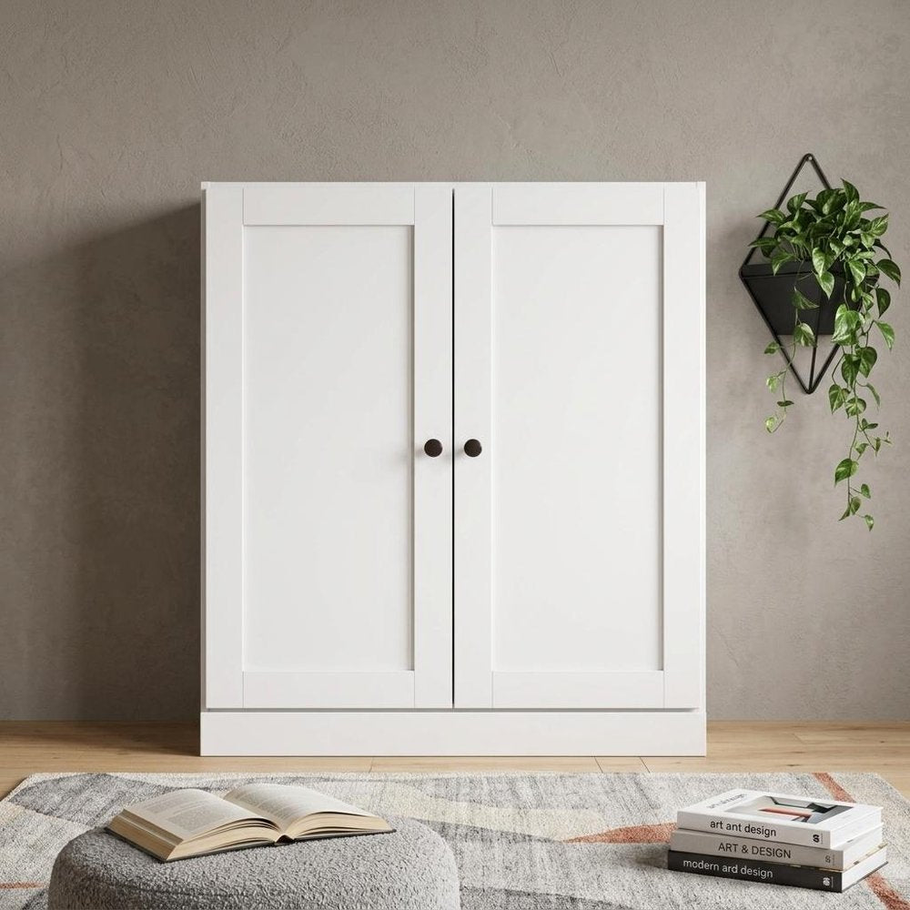 36" White Solid Wood Adjustable Three Tier Library Bookcase with Two Doors