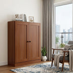 36" Coffee Solid Wood Adjustable Three Tier Library Bookcase with Two Doors