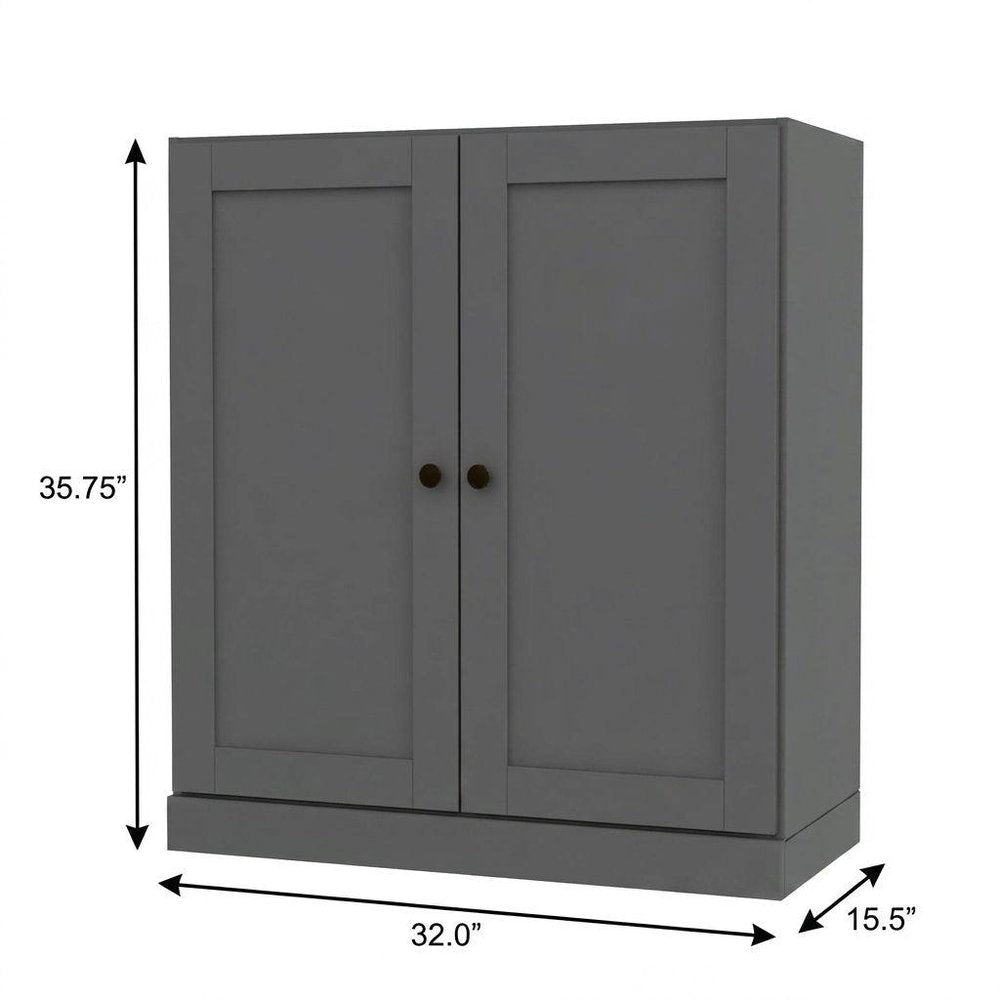 36" Gray Solid Wood Adjustable Three Tier Library Bookcase with Two Doors