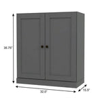 36" Gray Solid Wood Adjustable Three Tier Library Bookcase with Two Doors