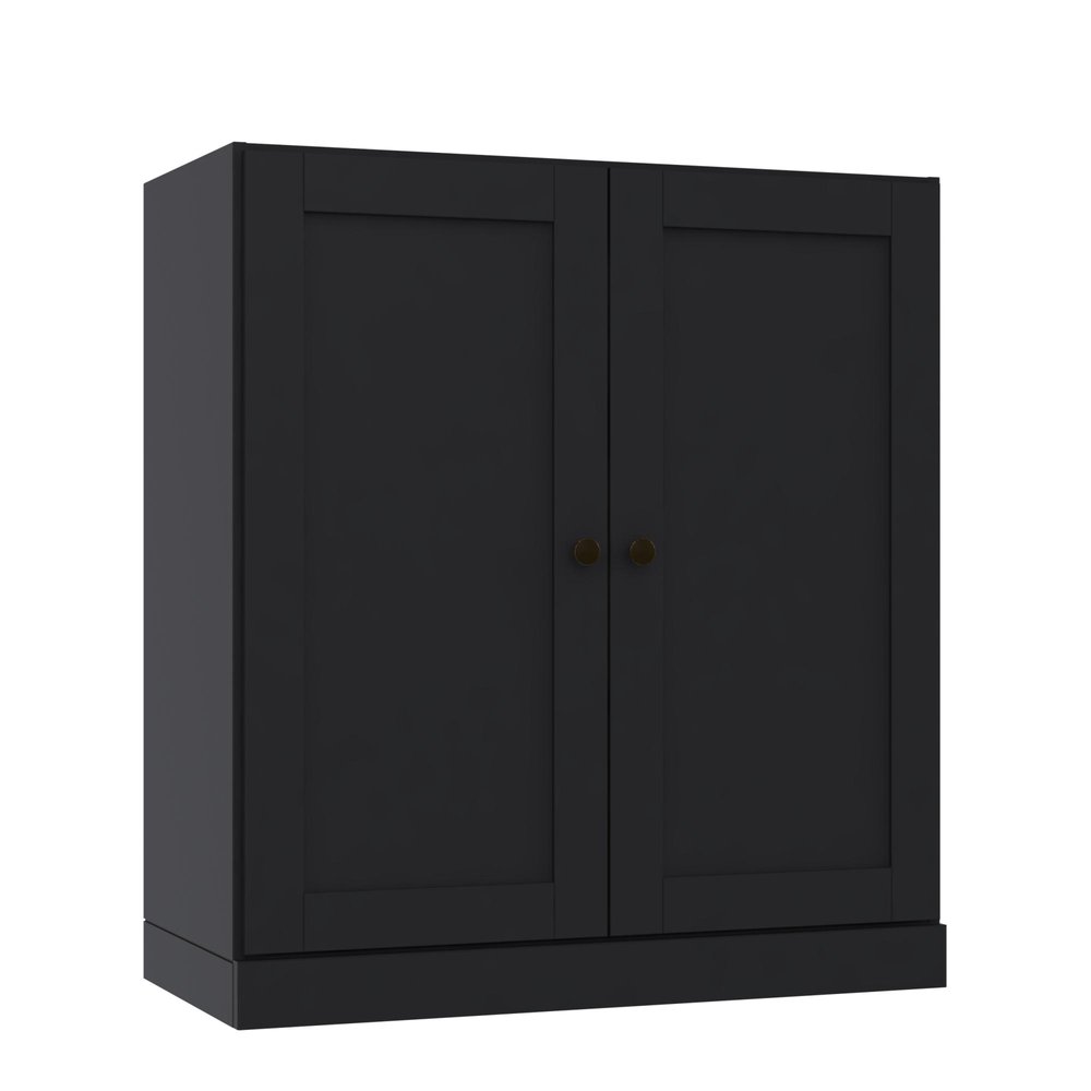 36" Black Solid Wood Adjustable Three Tier Library Bookcase with Two Doors