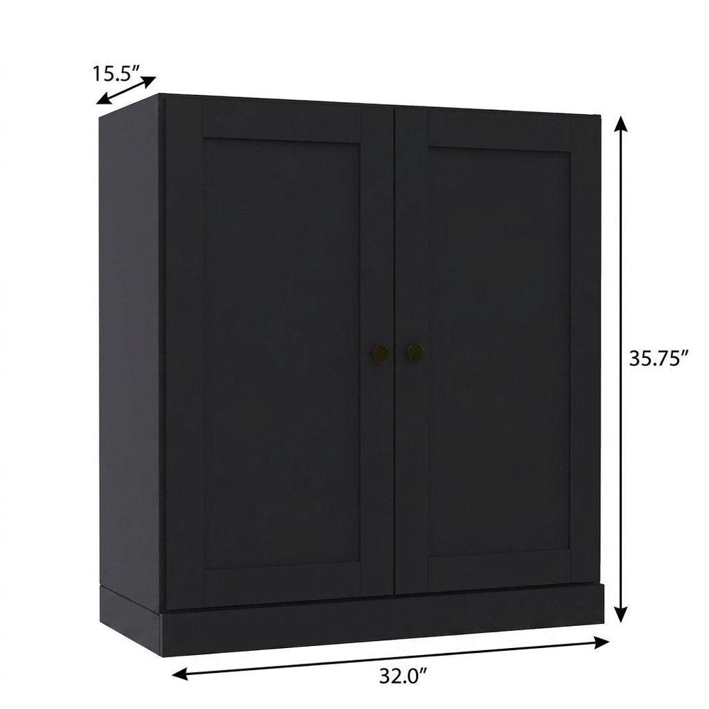 36" Black Solid Wood Adjustable Three Tier Library Bookcase with Two Doors