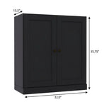 36" Black Solid Wood Adjustable Three Tier Library Bookcase with Two Doors