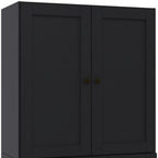 36" Black Solid Wood Adjustable Three Tier Library Bookcase with Two Doors