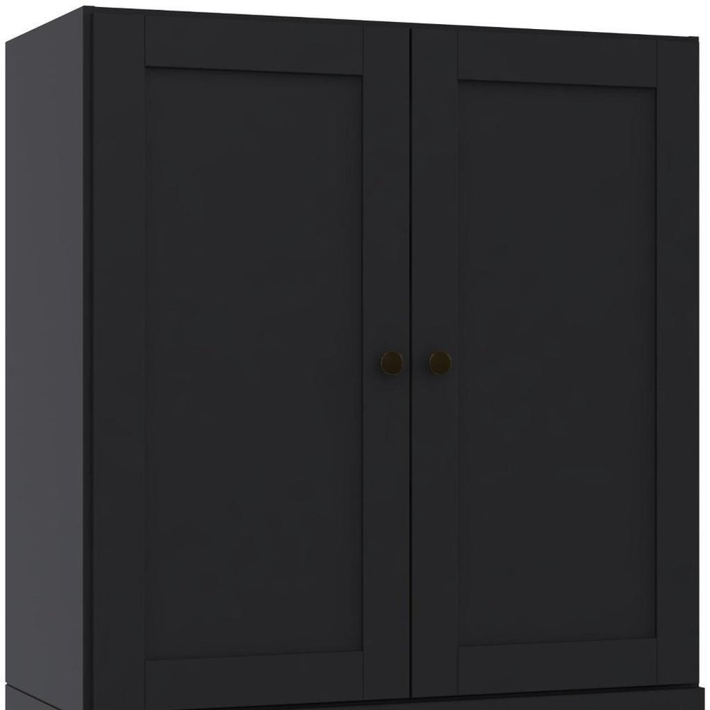 36" Black Solid Wood Adjustable Three Tier Library Bookcase with Two Doors