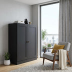 36" Black Solid Wood Adjustable Three Tier Library Bookcase with Two Doors