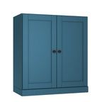 36" Teal Blue Solid Wood Adjustable Three Tier Library Bookcase with Two Doors
