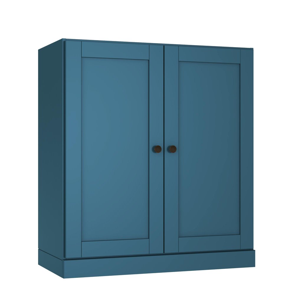 36" Teal Blue Solid Wood Adjustable Three Tier Library Bookcase with Two Doors
