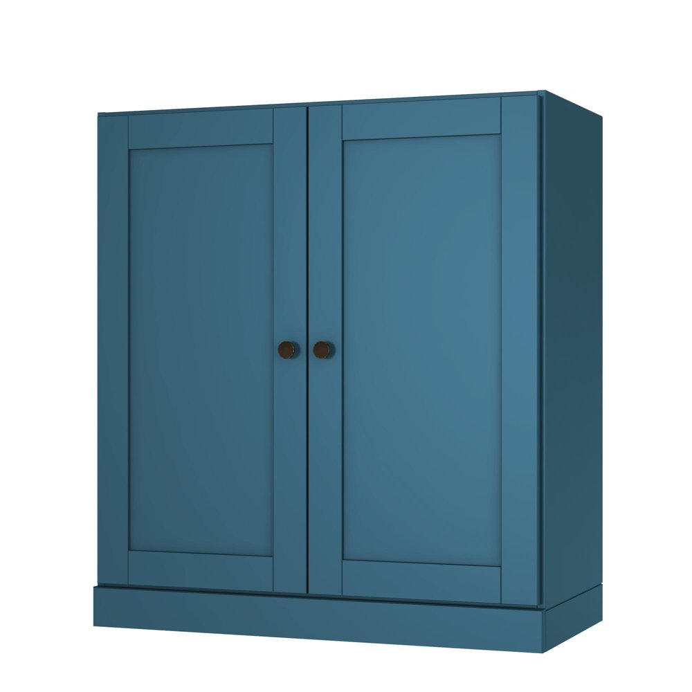 36" Teal Blue Solid Wood Adjustable Three Tier Library Bookcase with Two Doors
