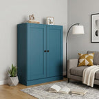 36" Teal Blue Solid Wood Adjustable Three Tier Library Bookcase with Two Doors