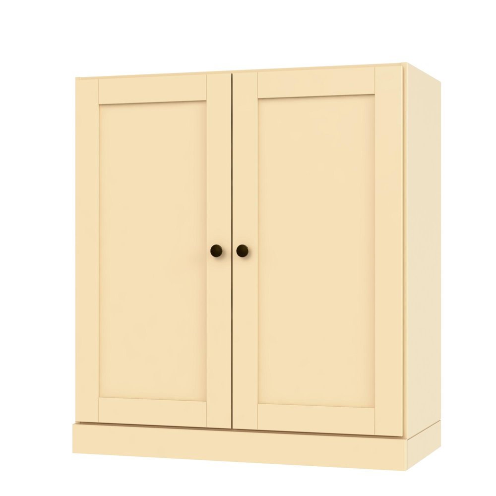 36" Yellow Solid Wood Adjustable Three Tier Library Bookcase with Two Doors