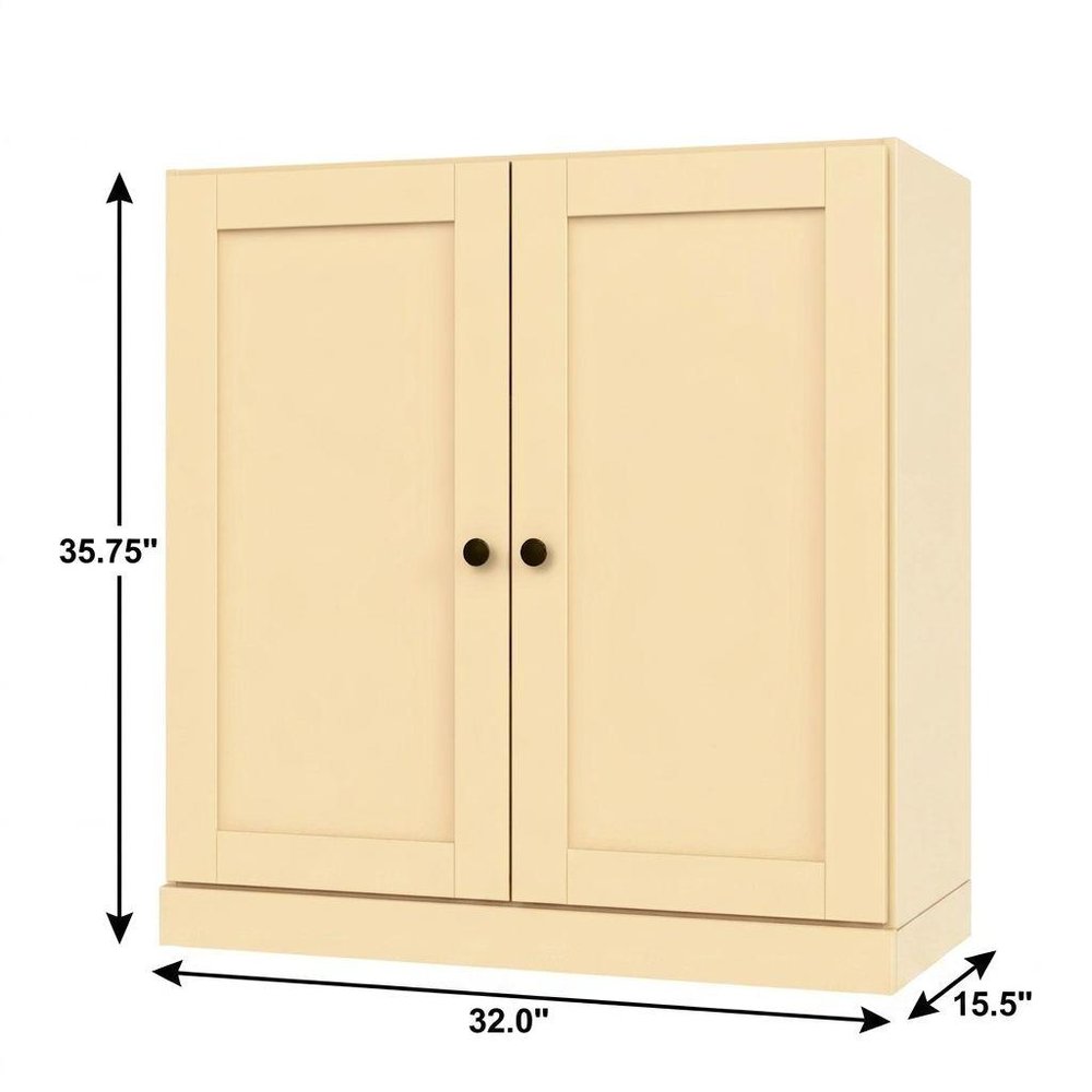 36" Yellow Solid Wood Adjustable Three Tier Library Bookcase with Two Doors