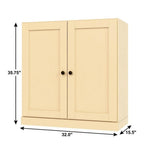 36" Yellow Solid Wood Adjustable Three Tier Library Bookcase with Two Doors