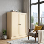 36" Yellow Solid Wood Adjustable Three Tier Library Bookcase with Two Doors