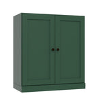 36" Green Solid Wood Adjustable Three Tier Library Bookcase with Two Doors