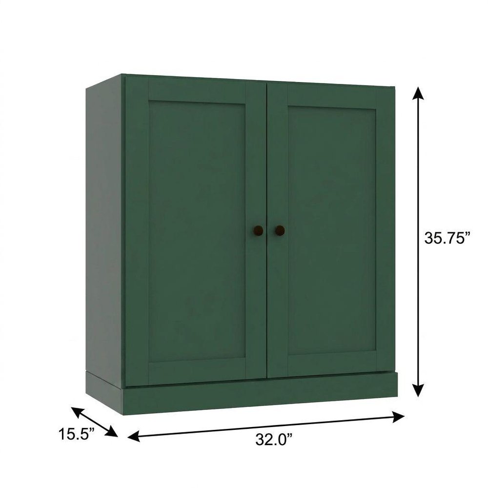 36" Green Solid Wood Adjustable Three Tier Library Bookcase with Two Doors