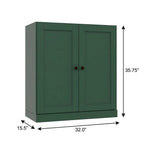 36" Green Solid Wood Adjustable Three Tier Library Bookcase with Two Doors