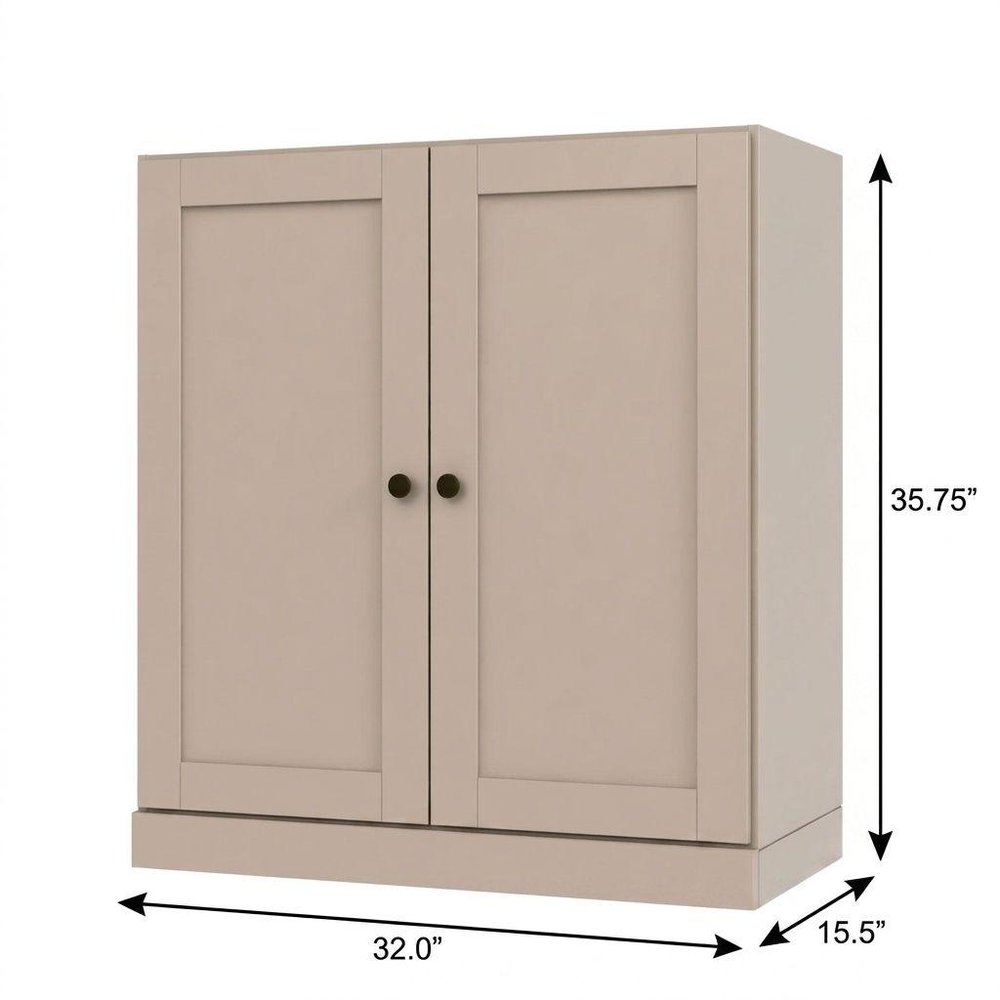 36" Beige Solid Wood Adjustable Three Tier Library Bookcase with Two Doors