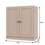 36" Beige Solid Wood Adjustable Three Tier Library Bookcase with Two Doors
