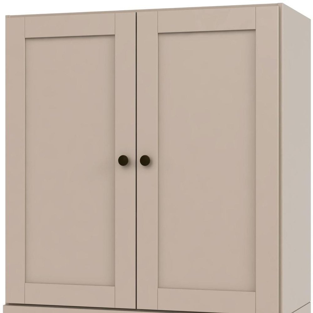 36" Beige Solid Wood Adjustable Three Tier Library Bookcase with Two Doors