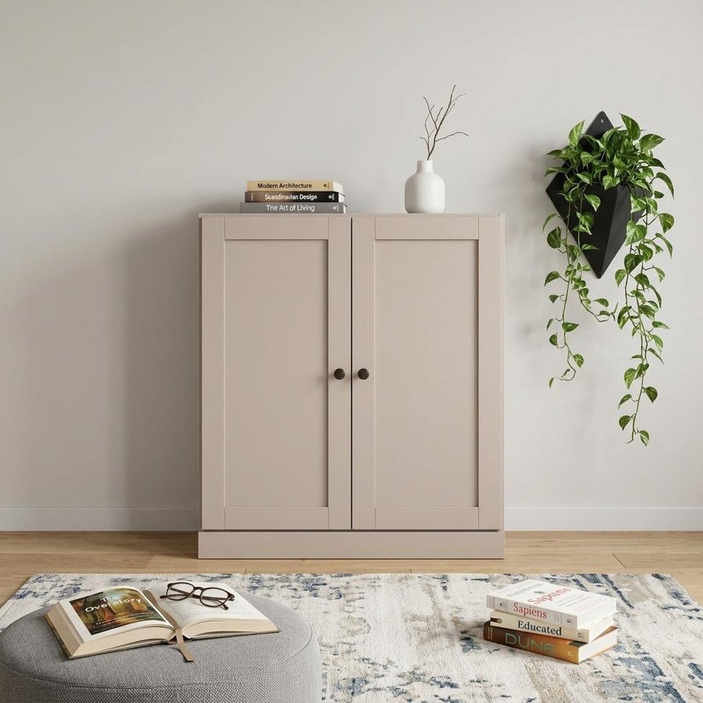 36" Beige Solid Wood Adjustable Three Tier Library Bookcase with Two Doors