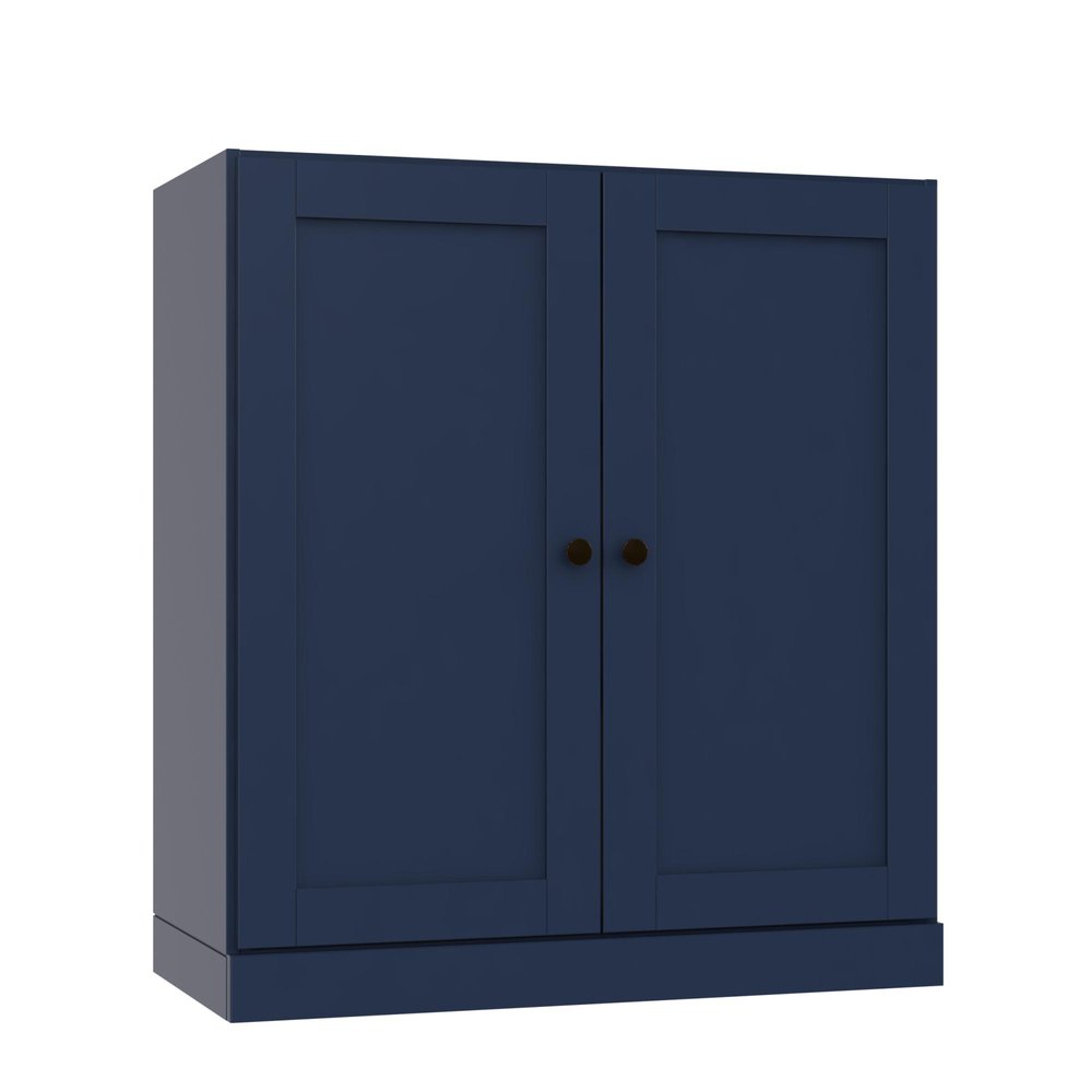 36" Navy Blue Solid Wood Adjustable Three Tier Library Bookcase with Two Doors