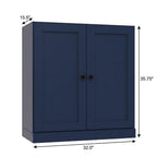 36" Navy Blue Solid Wood Adjustable Three Tier Library Bookcase with Two Doors