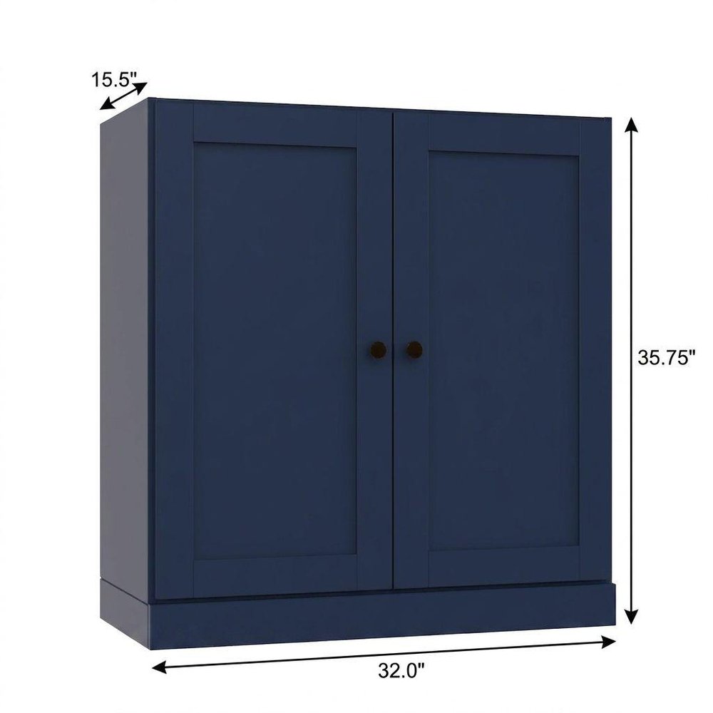 36" Navy Blue Solid Wood Adjustable Three Tier Library Bookcase with Two Doors