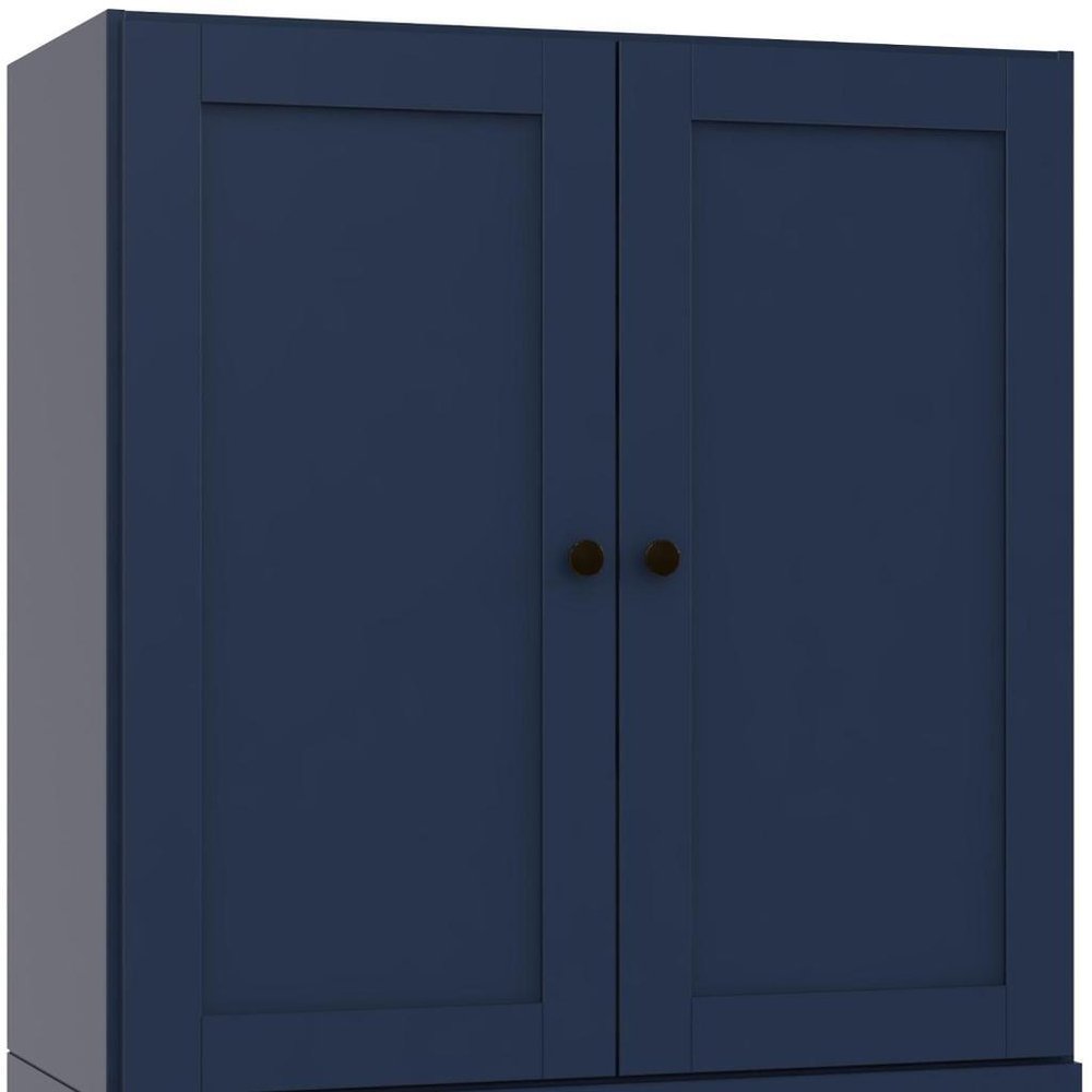 36" Navy Blue Solid Wood Adjustable Three Tier Library Bookcase with Two Doors