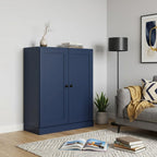 36" Navy Blue Solid Wood Adjustable Three Tier Library Bookcase with Two Doors