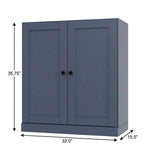 36" French Blue Solid Wood Adjustable Three Tier Library Bookcase with Two Doors