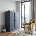 36" French Blue Solid Wood Adjustable Three Tier Library Bookcase with Two Doors