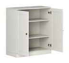 36" Off White Solid Wood Adjustable Three Tier Library Bookcase with Two Doors
