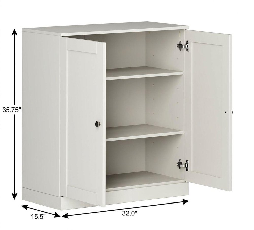 36" Off White Solid Wood Adjustable Three Tier Library Bookcase with Two Doors