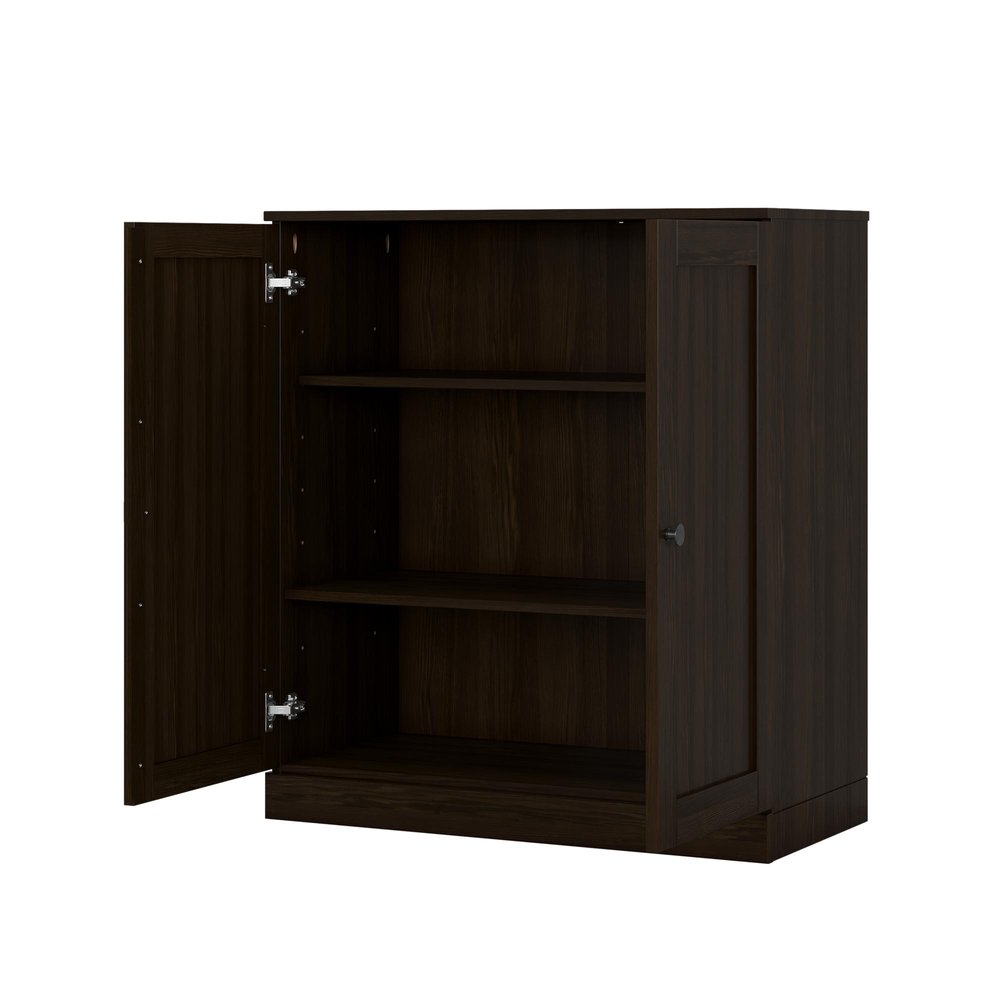 36" Espresso Solid Wood Adjustable Three Tier Library Bookcase with Two Doors