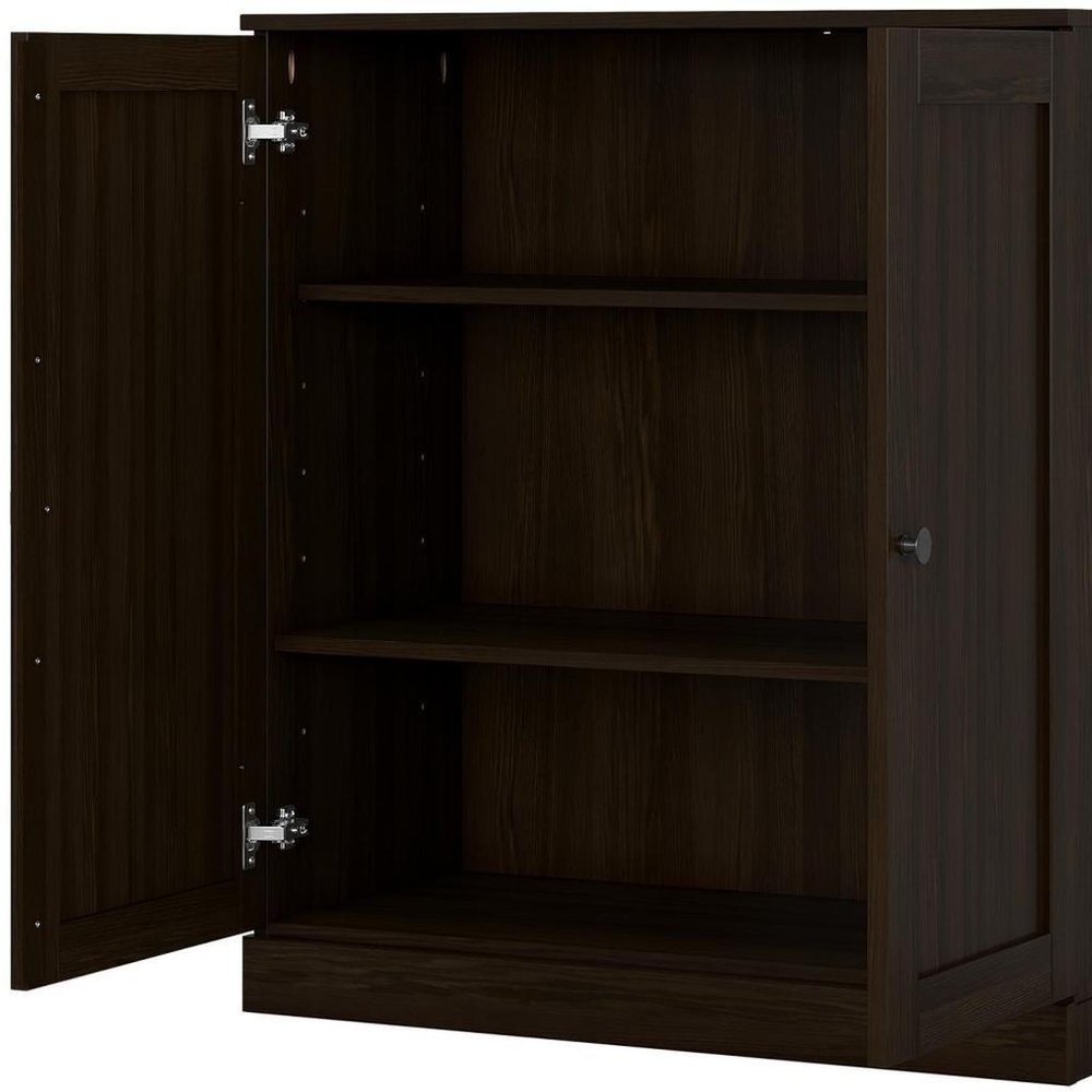 36" Espresso Solid Wood Adjustable Three Tier Library Bookcase with Two Doors