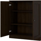 36" Espresso Solid Wood Adjustable Three Tier Library Bookcase with Two Doors