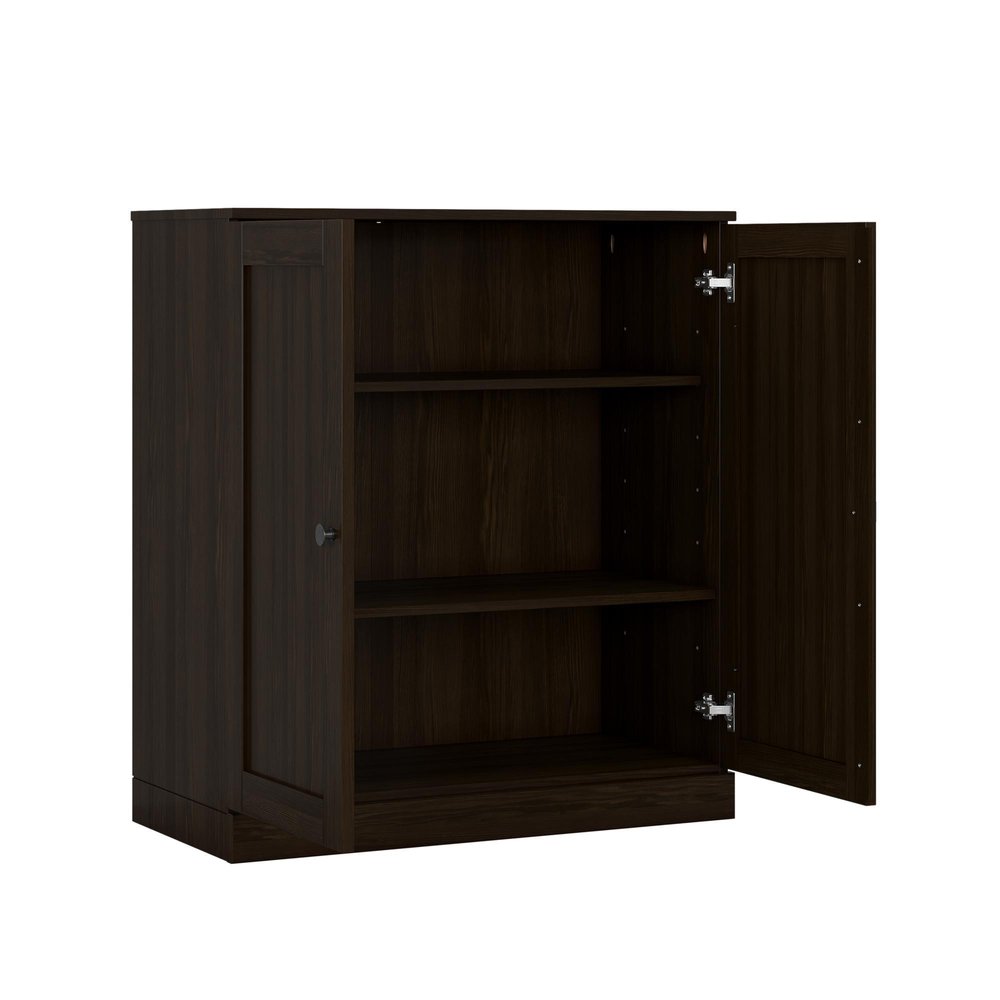 36" Espresso Solid Wood Adjustable Three Tier Library Bookcase with Two Doors
