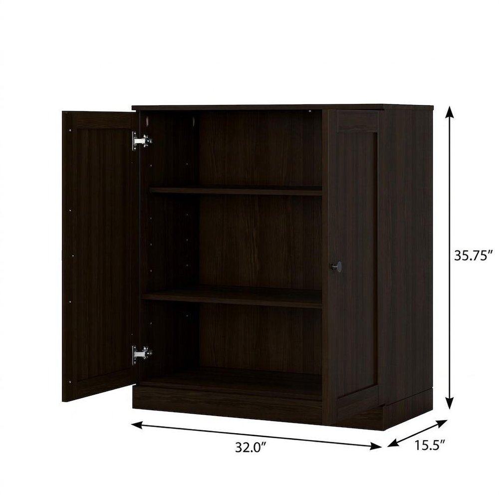 36" Espresso Solid Wood Adjustable Three Tier Library Bookcase with Two Doors