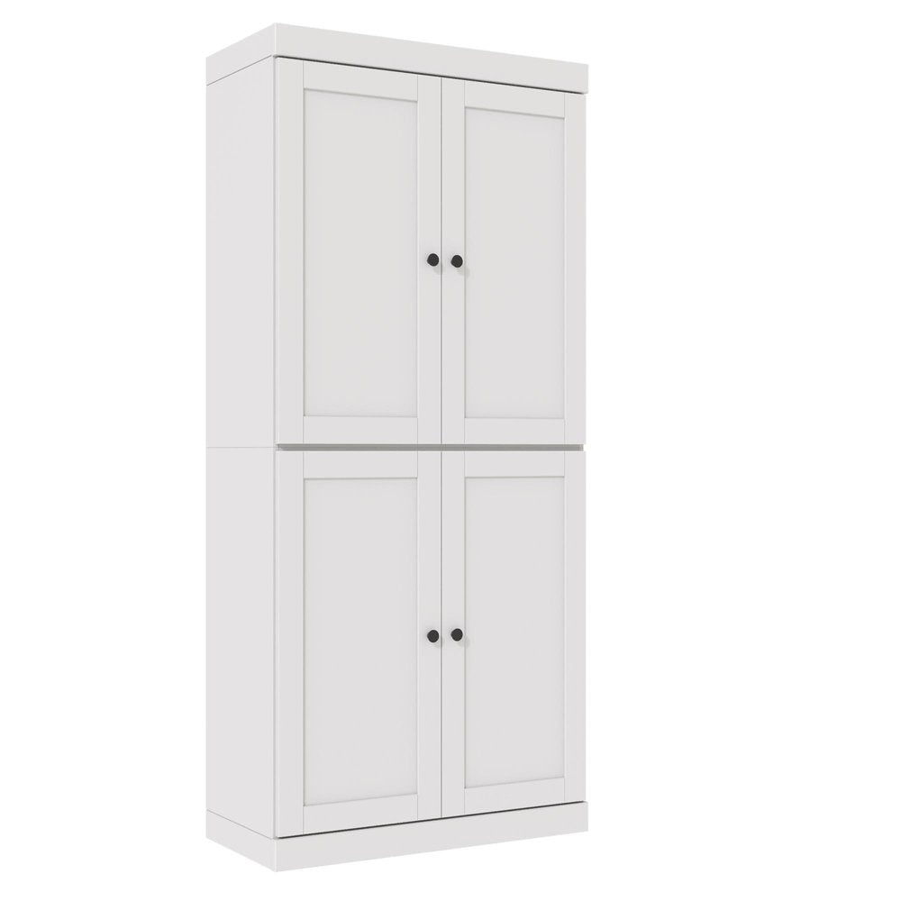 72" White Solid Wood Adjustable Six Tier Library Bookcase with Four Doors