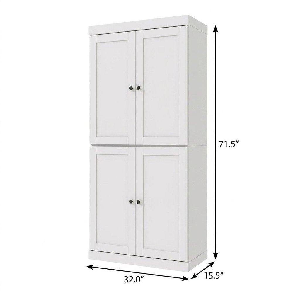 72" White Solid Wood Adjustable Six Tier Library Bookcase with Four Doors