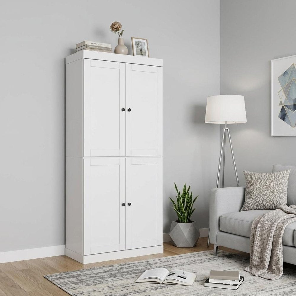 72" White Solid Wood Adjustable Six Tier Library Bookcase with Four Doors