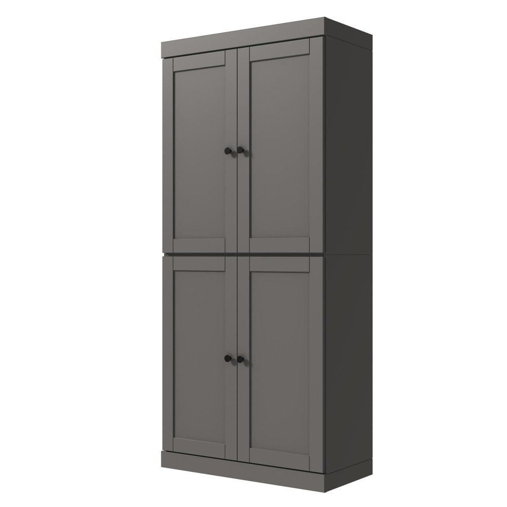 72" Gray Solid Wood Adjustable Six Tier Library Bookcase with Four Doors