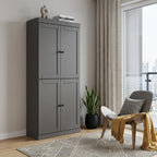 72" Gray Solid Wood Adjustable Six Tier Library Bookcase with Four Doors