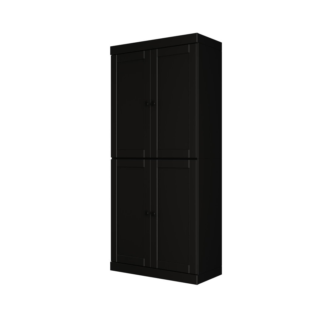 72" Black Solid Wood Adjustable Six Tier Library Bookcase with Four Doors