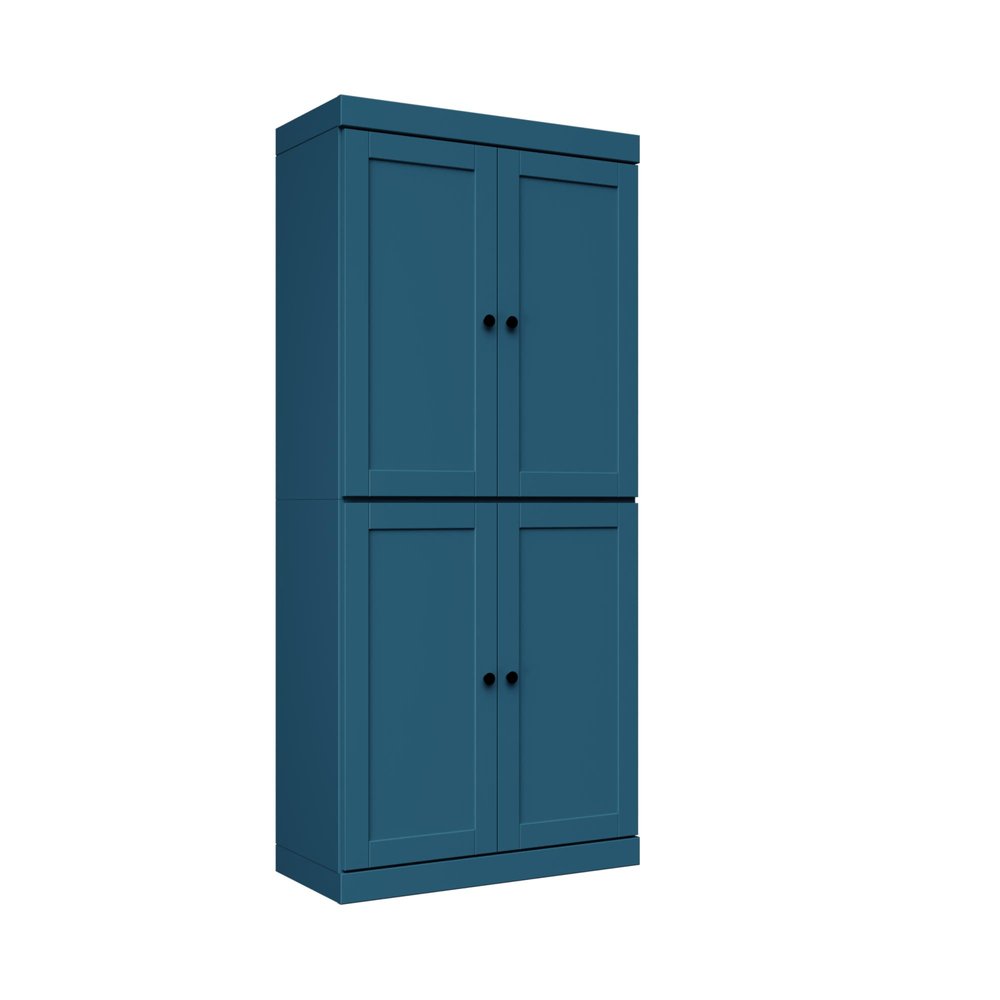 72" Teal Blue Solid Wood Adjustable Six Tier Library Bookcase with Four Doors