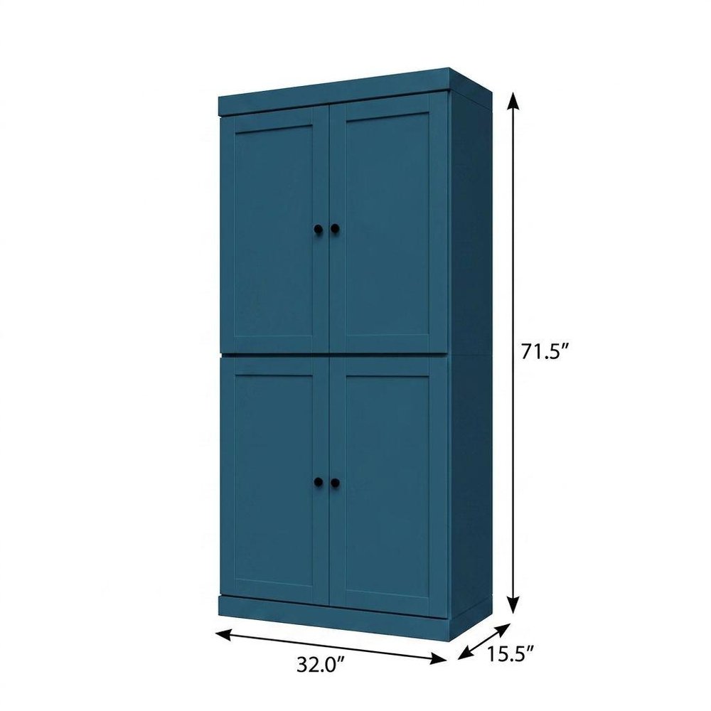 72" Teal Blue Solid Wood Adjustable Six Tier Library Bookcase with Four Doors