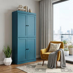 72" Teal Blue Solid Wood Adjustable Six Tier Library Bookcase with Four Doors