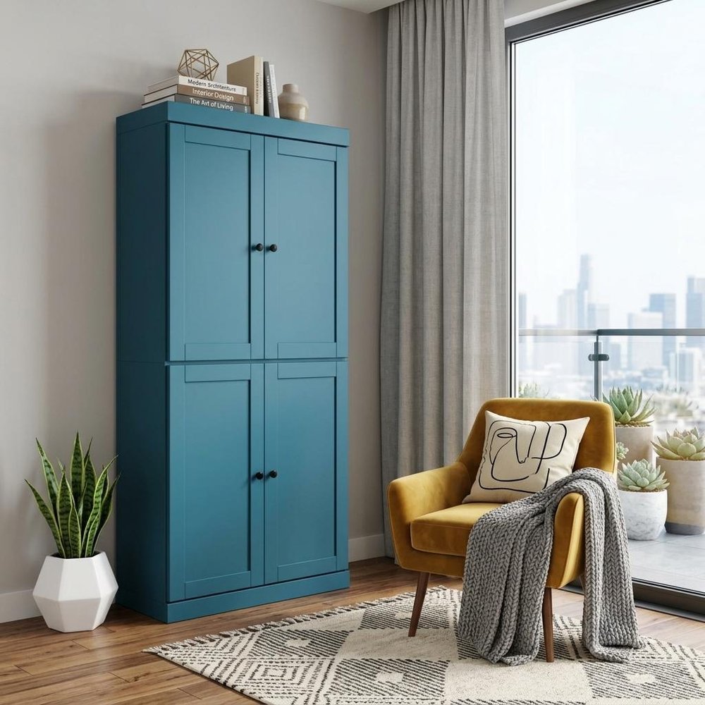 72" Teal Blue Solid Wood Adjustable Six Tier Library Bookcase with Four Doors