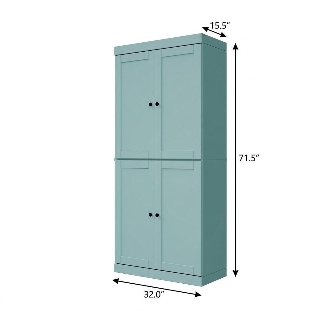 72" Aqua Solid Wood Adjustable Six Tier Library Bookcase with Four Doors